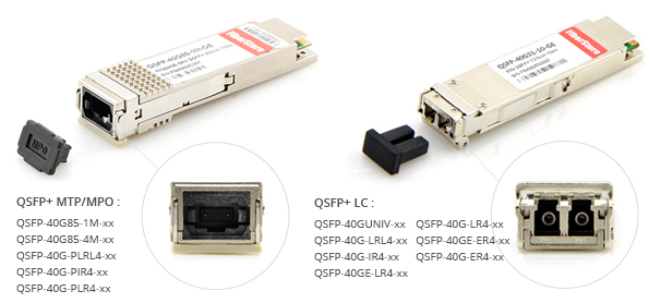 QSFP+ transceiver with MPO or LC interface